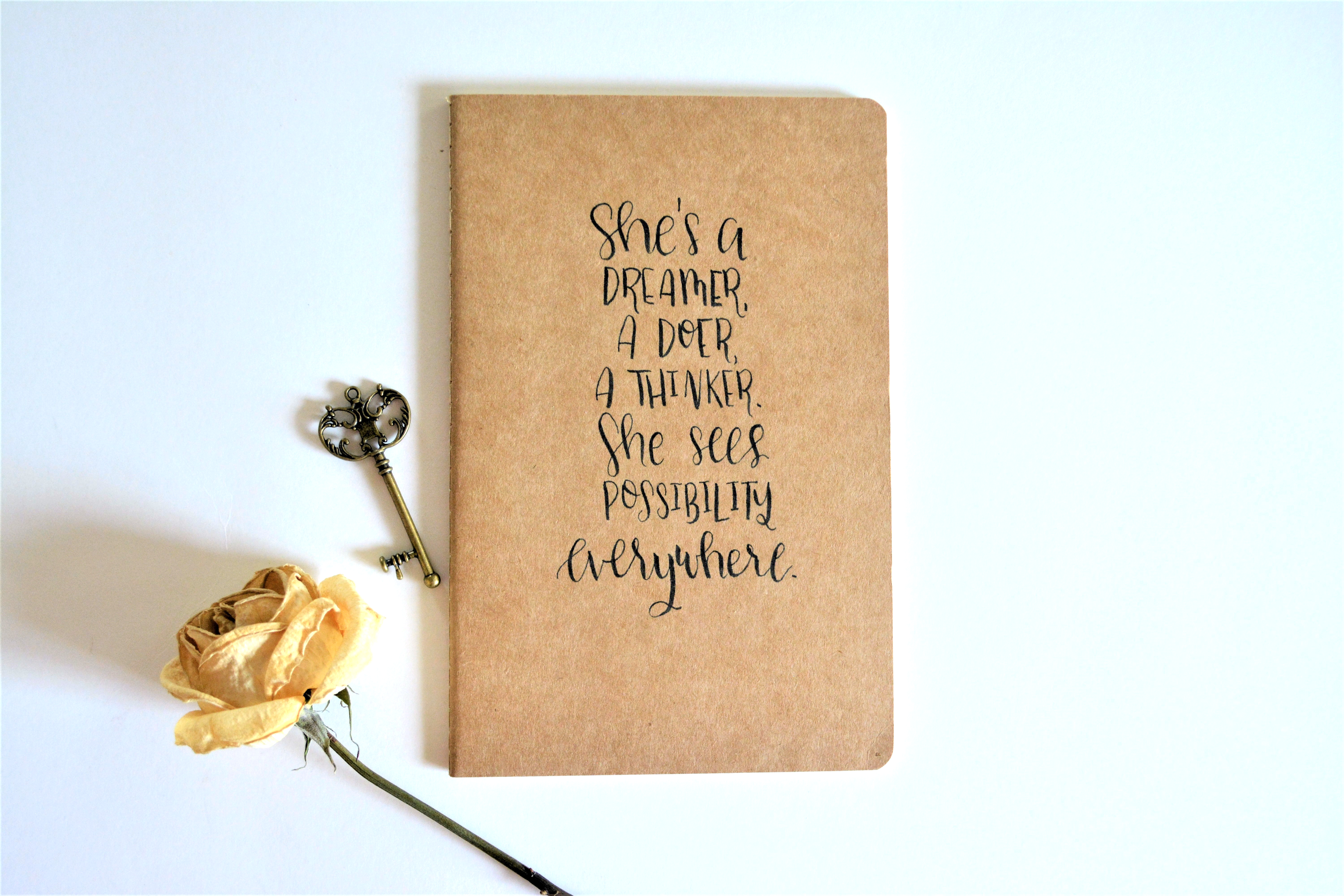 Featuring inspiration quote on the popular brown kraft paper journal.

Handmade item
Material: Kraft journal
60 lined or unlined pages (See Variations to select)
Made to order
Dimensions: 5x8 inches